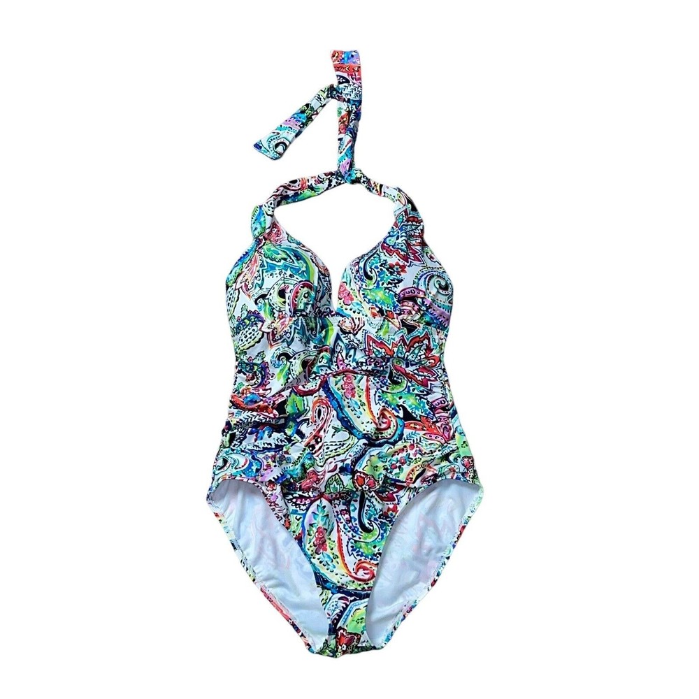Lauren Ralph Lauren Cabana Paisley Tummy Control Printed Halter Swimsuit Size S